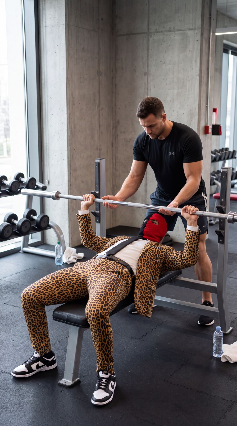 Guilty Society in a leopard suit on the bench press, a trainer spotting