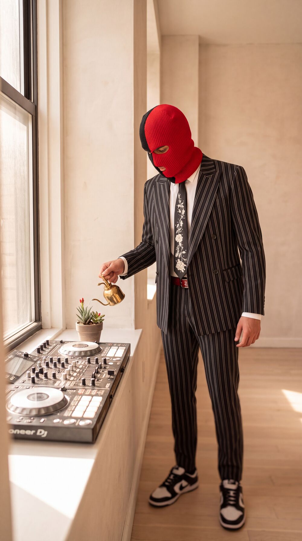 Guilty Society in a pinstripe suit watering one small plant next to a DJ controller